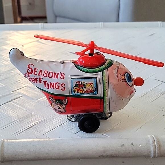Vintage Wind Up Yuletide Santa Claus w/Reindeer Copter Made in Japan Works - Picture 5 of 13